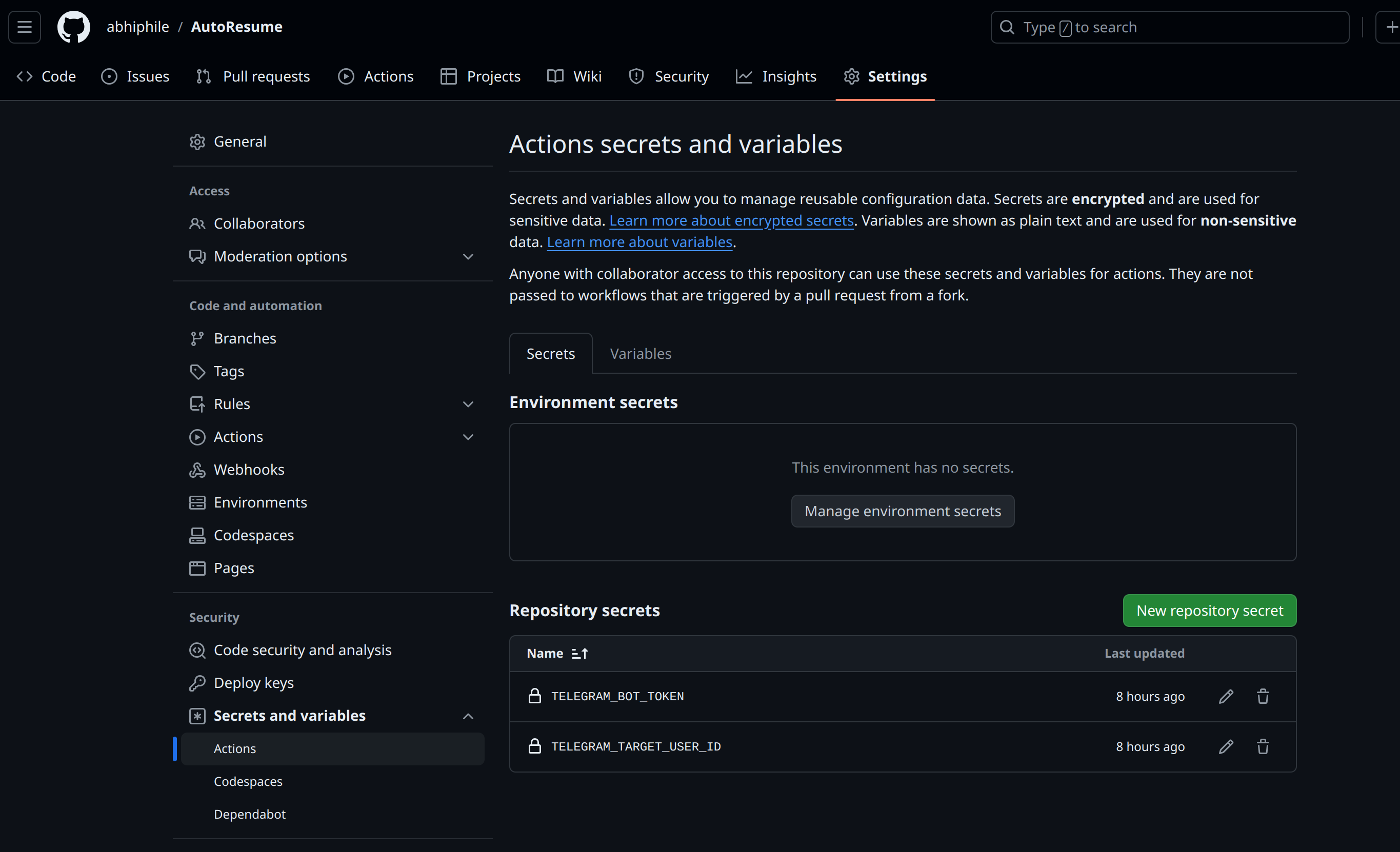 Navigating to repository secrets